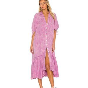 FREE PEOPLE Maya Button Up Pink Ruffle Cotton Boho Shirt Dress size small